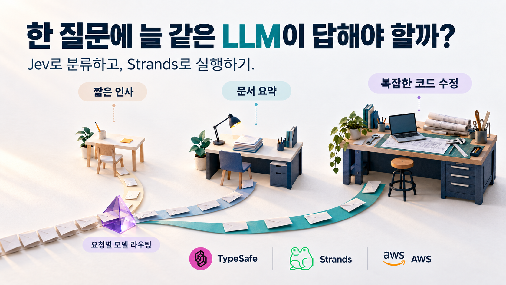 한 질문에 늘 같은 LLM이 답해야 할까라는 제목과, 짧은 인사·문서 요약·복잡한 코드 수정에 맞춰 나뉘는 세 작업대