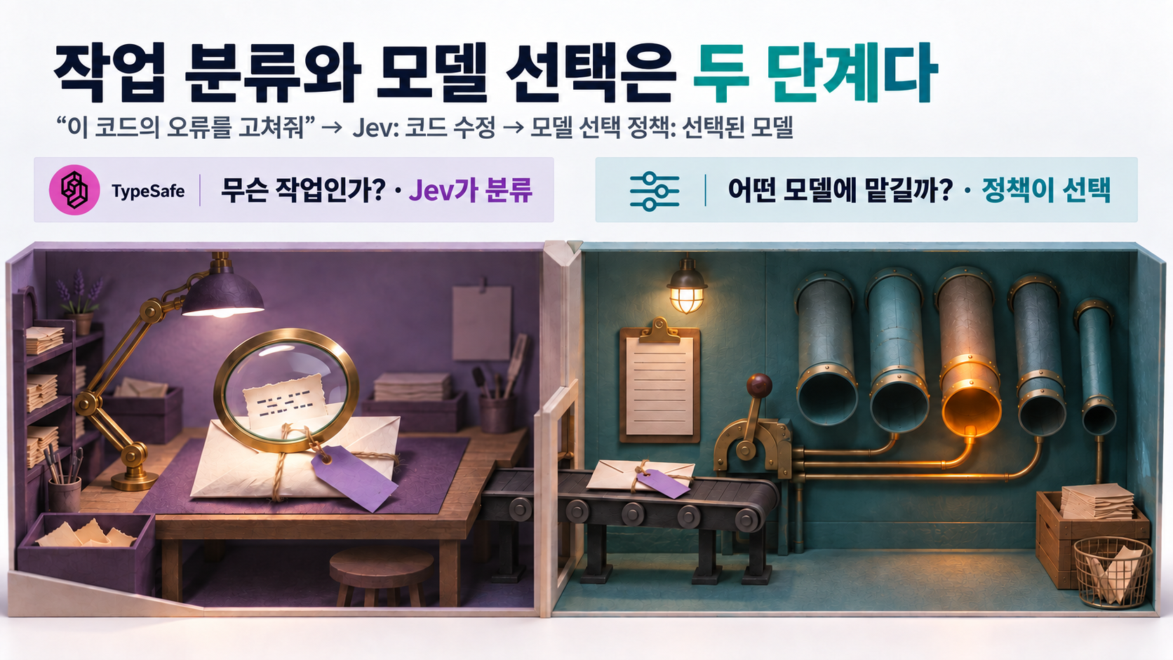 왼쪽 우편 분류실에서 Jev가 작업을 분류하고, 오른쪽 발송실에서 애플리케이션 정책이 모델을 선택하는 두 단계